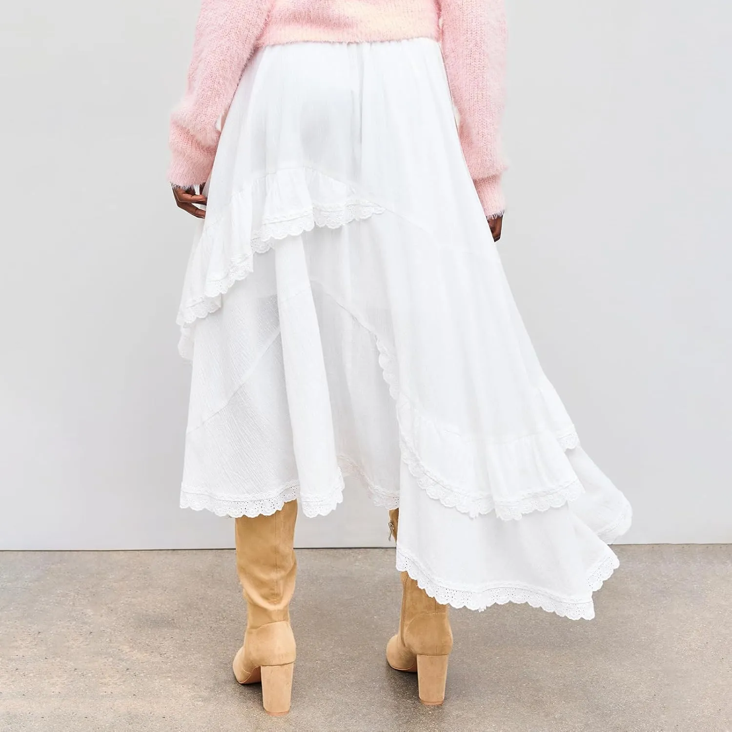 Women Asymmetrical Flowy Midi Skirt High Elastic Waist Lace Trim High Low Going Out Boho Layered Long Maxi Skirt