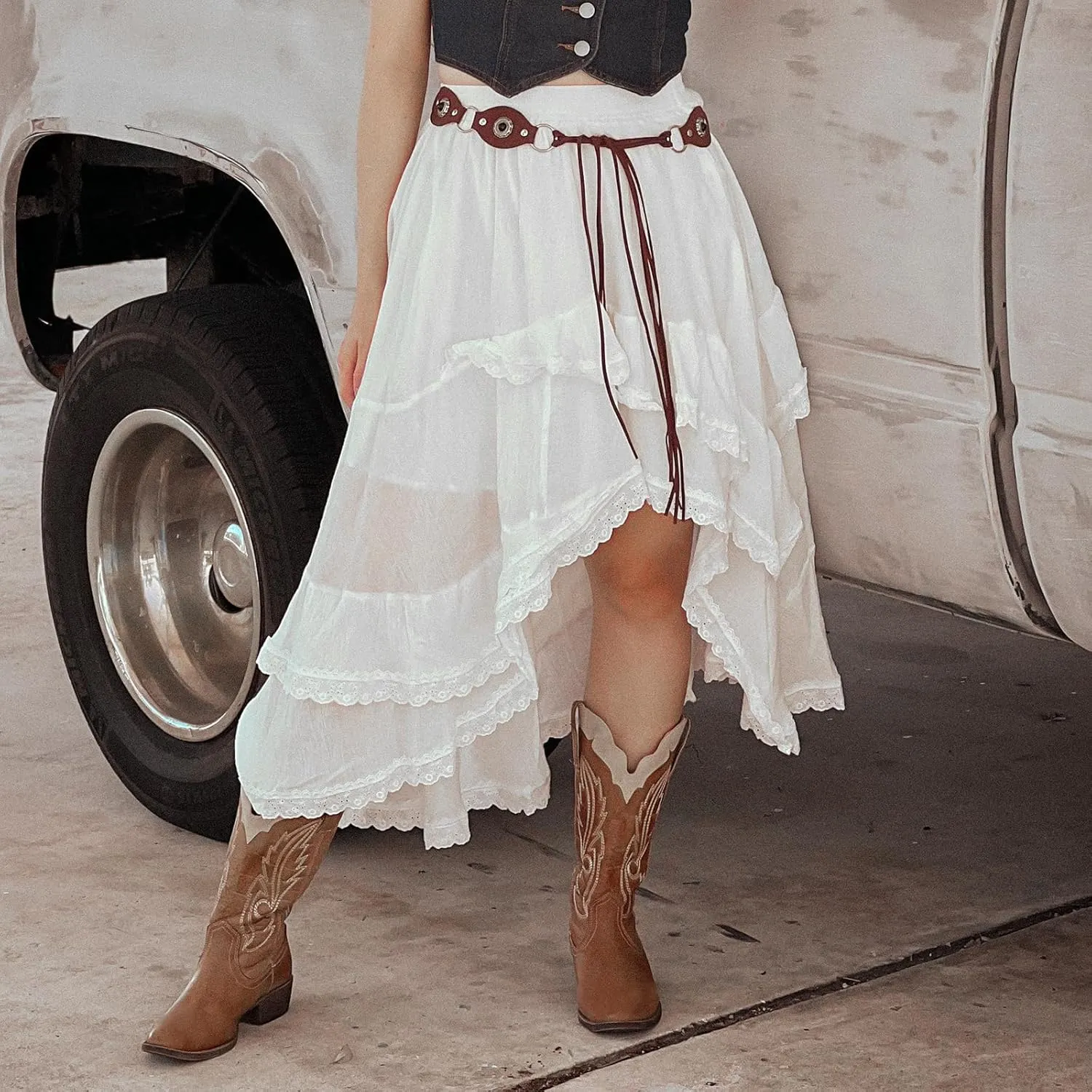 Women Asymmetrical Flowy Midi Skirt High Elastic Waist Lace Trim High Low Going Out Boho Layered Long Maxi Skirt