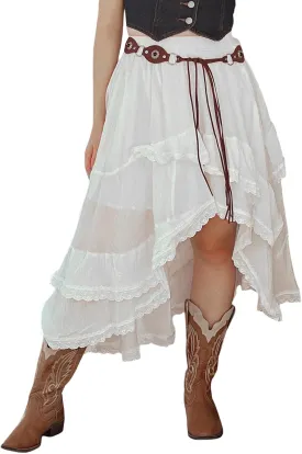 Women Asymmetrical Flowy Midi Skirt High Elastic Waist Lace Trim High Low Going Out Boho Layered Long Maxi Skirt