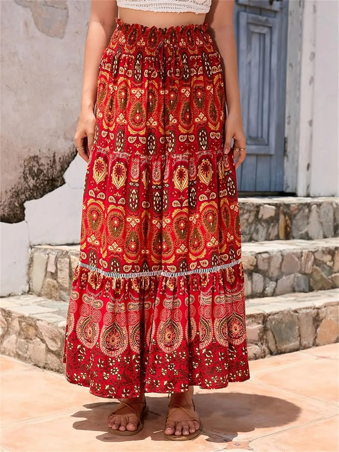 Women Boho Floral Print Skirts Vintage Elastic High Waist A-Line Long Skirts Summer Tiered Flowy Maxi Skirt