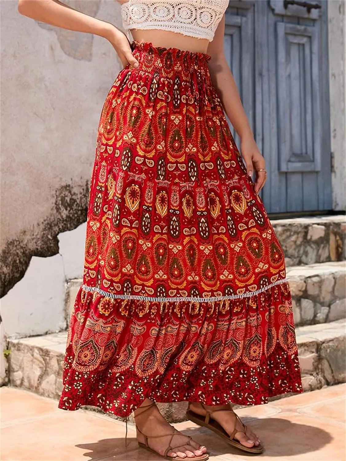 Women Boho Floral Print Skirts Vintage Elastic High Waist A-Line Long Skirts Summer Tiered Flowy Maxi Skirt