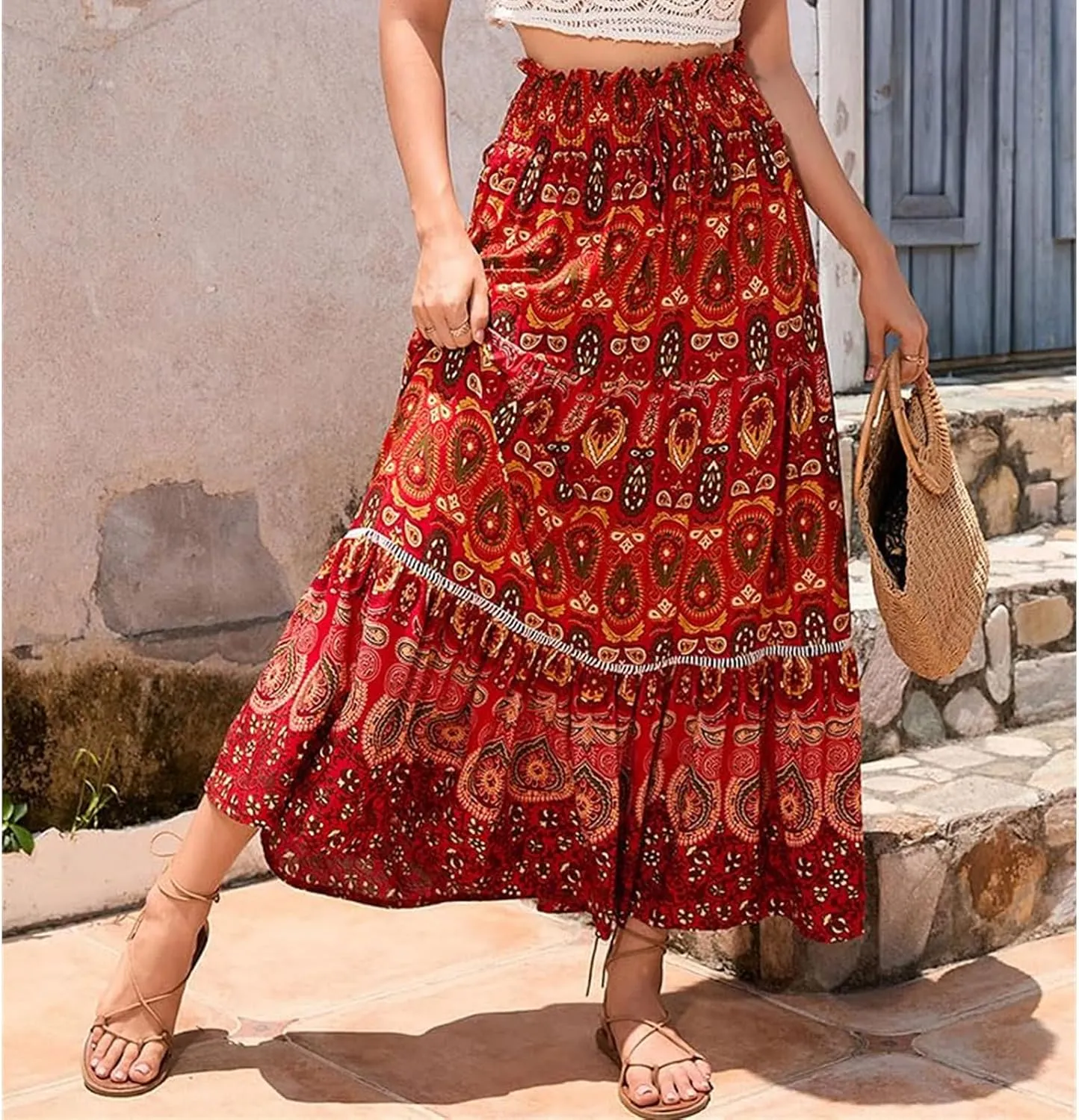 Women Boho Floral Print Skirts Vintage Elastic High Waist A-Line Long Skirts Summer Tiered Flowy Maxi Skirt