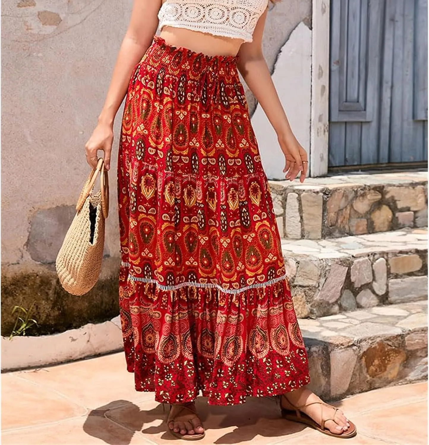 Women Boho Floral Print Skirts Vintage Elastic High Waist A-Line Long Skirts Summer Tiered Flowy Maxi Skirt
