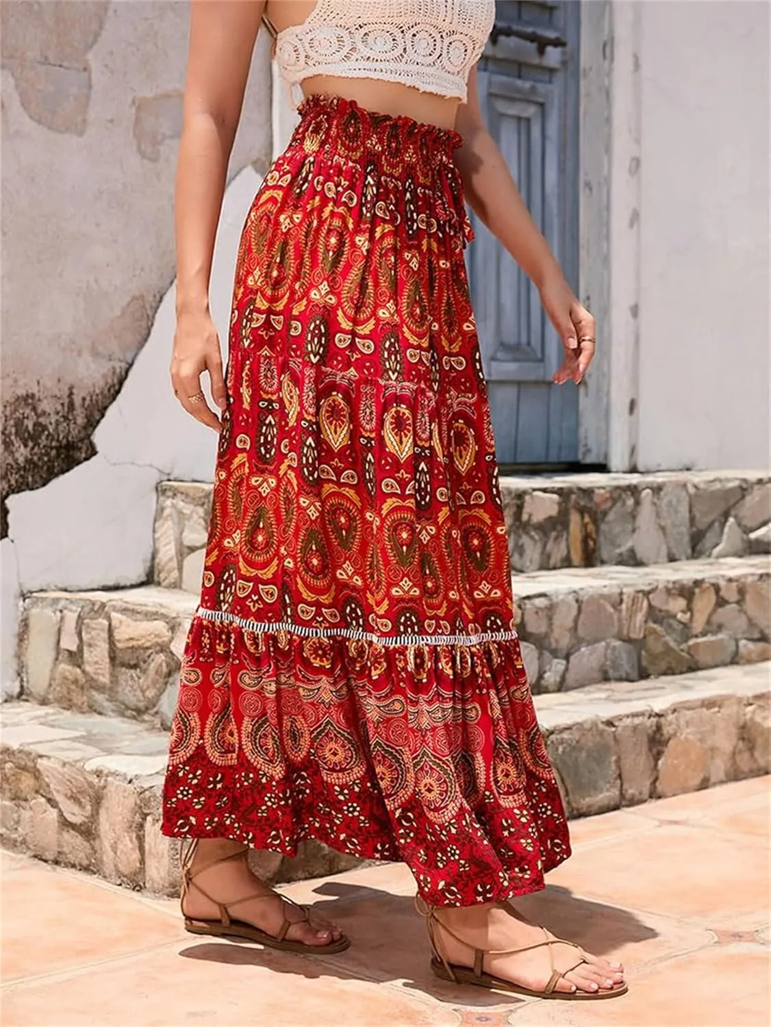 Women Boho Floral Print Skirts Vintage Elastic High Waist A-Line Long Skirts Summer Tiered Flowy Maxi Skirt