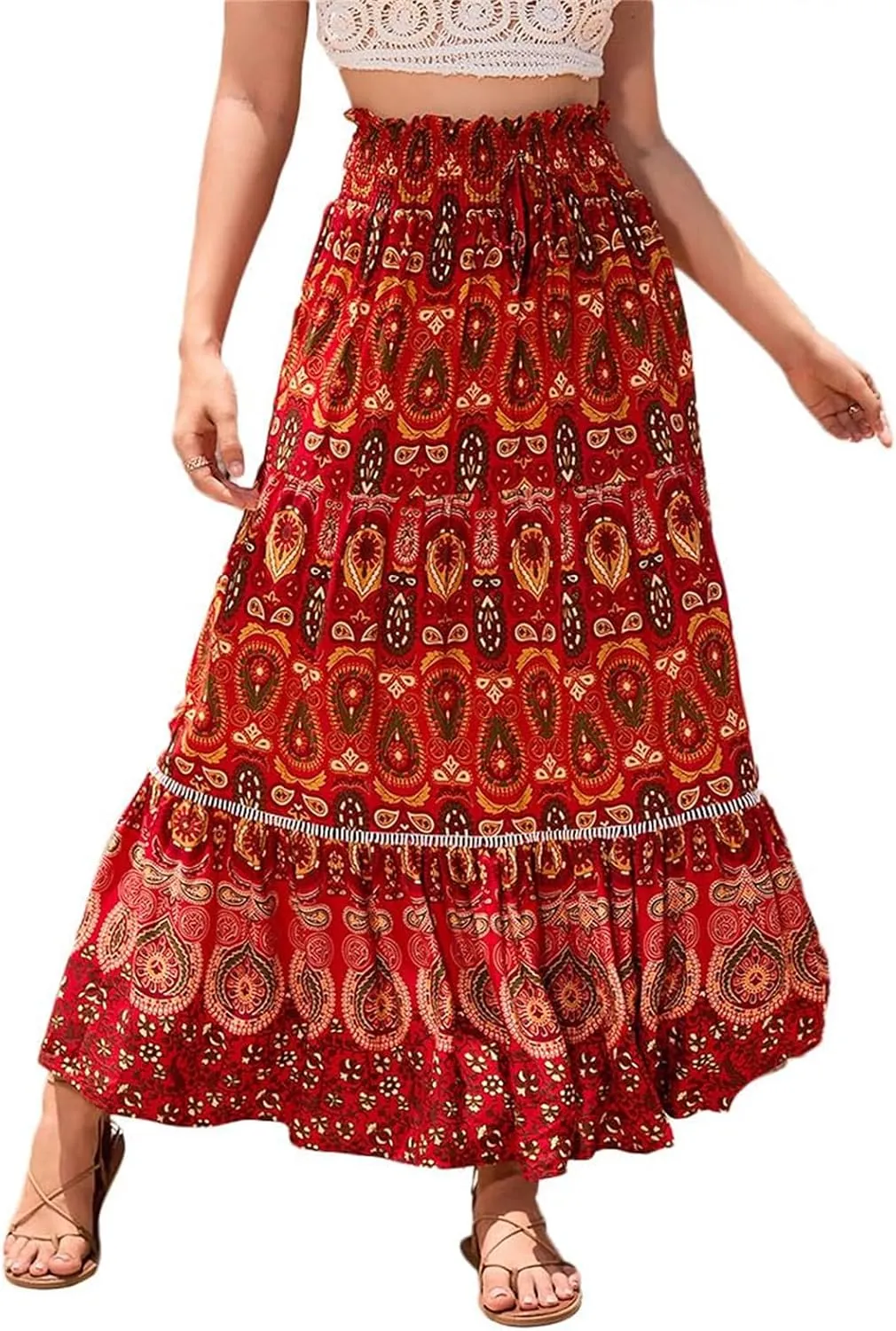 Women Boho Floral Print Skirts Vintage Elastic High Waist A-Line Long Skirts Summer Tiered Flowy Maxi Skirt