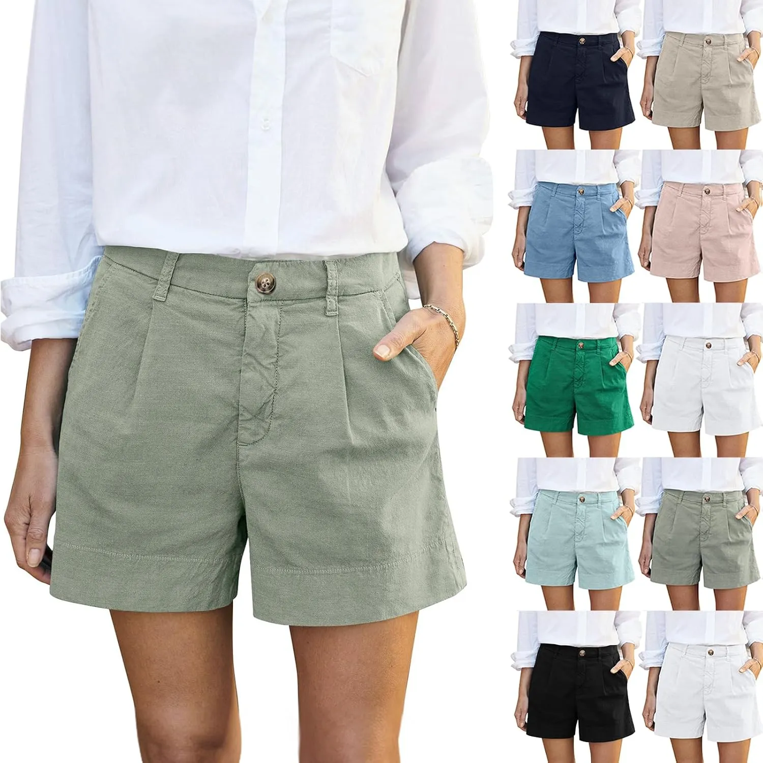 Women Linen Shorts Summer Casual Chino Shorts High Waisted Bermuda Shorts Dressy Wide Leg Shorts with Pockets