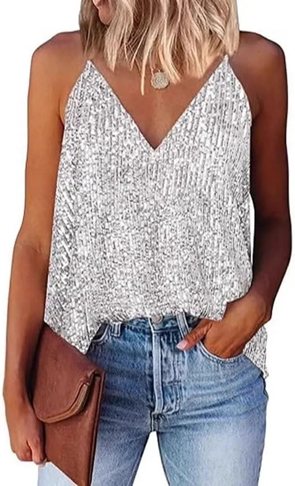 Women Sequin Tank Top V Neck Sleeveless Sparkle Shirt Glitter Cami Summer Party Top Shimmer Blouse Sexy Going Out Outfits