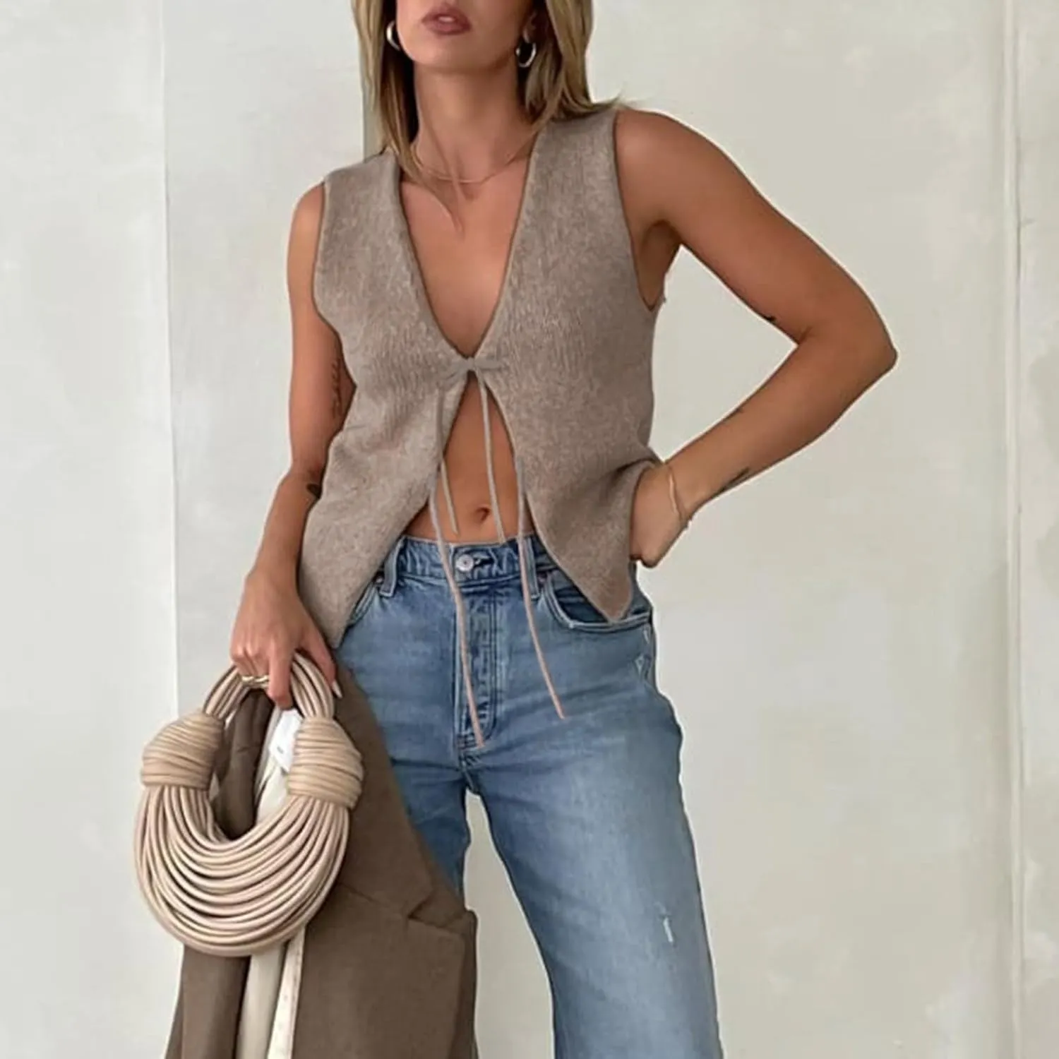 Women Sleeveless Knit Vest Top V Neck Open Front Tie Up Crochet Crop Top Casual Vintage Y2k Sweater