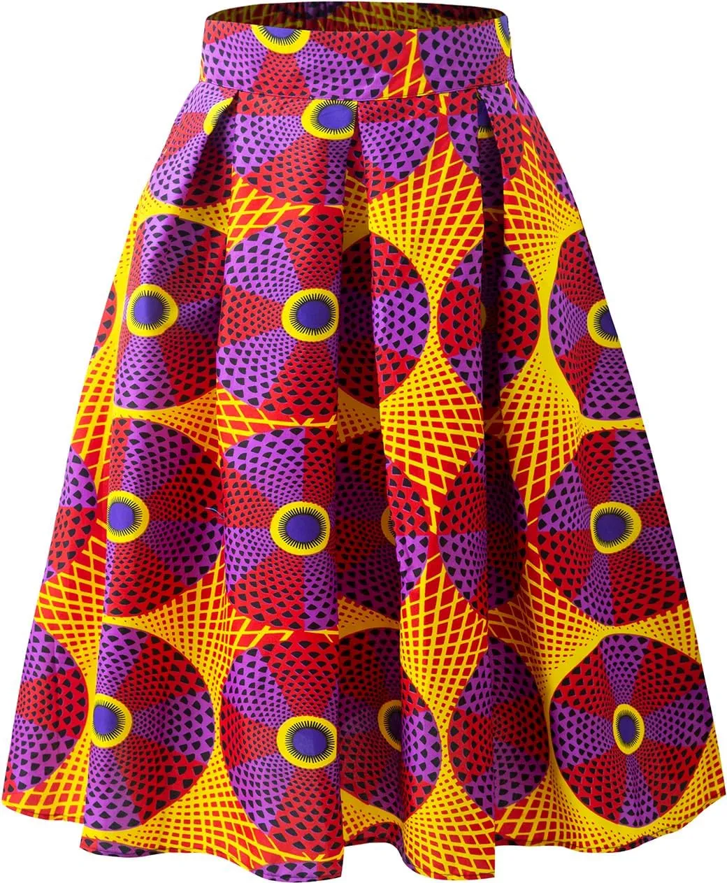 Women's Afriacn High Waist Vintage Skirt Ankara Pleated Midi Skirt with Pockets
