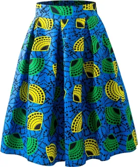 Women's Afriacn High Waist Vintage Skirt Ankara Pleated Midi Skirt with Pockets