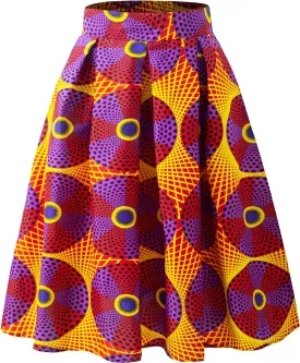 Women's Afriacn High Waist Vintage Skirt Ankara Pleated Midi Skirt with Pockets