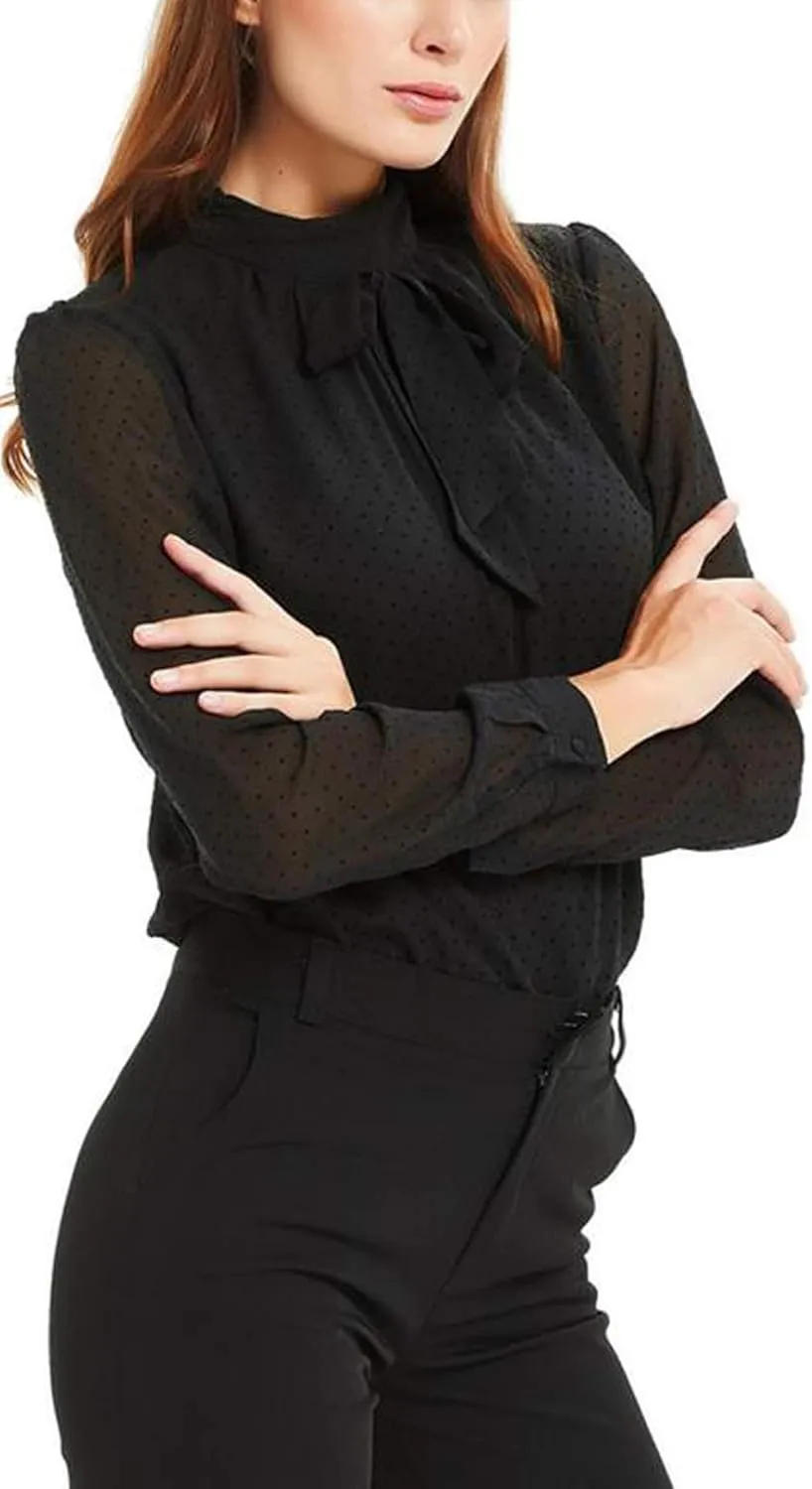 Womens Bow Tie Neck Spring/Summer Long/Short Sleeve Blouse Office Work Chiffon Elegant Casual Shirt Tops