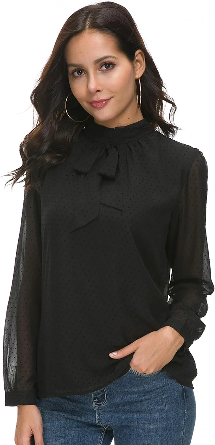 Womens Bow Tie Neck Spring/Summer Long/Short Sleeve Blouse Office Work Chiffon Elegant Casual Shirt Tops