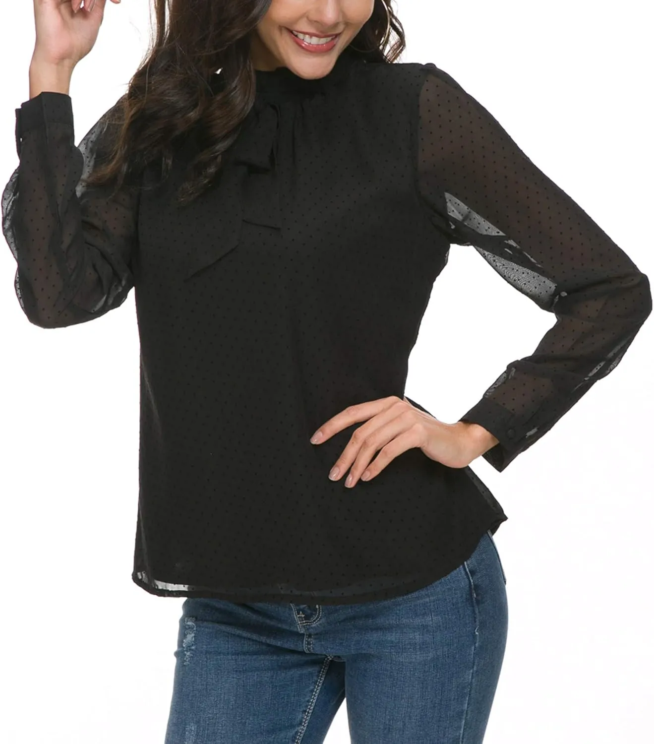 Womens Bow Tie Neck Spring/Summer Long/Short Sleeve Blouse Office Work Chiffon Elegant Casual Shirt Tops