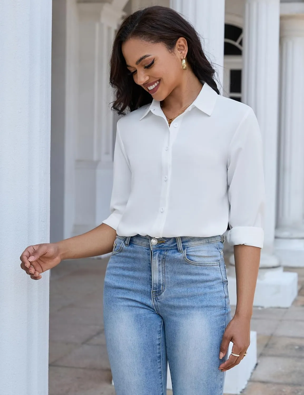 Women's Button Down Shirt Classic Long Sleeve Collared Tops Work Office Chiffon Blouse