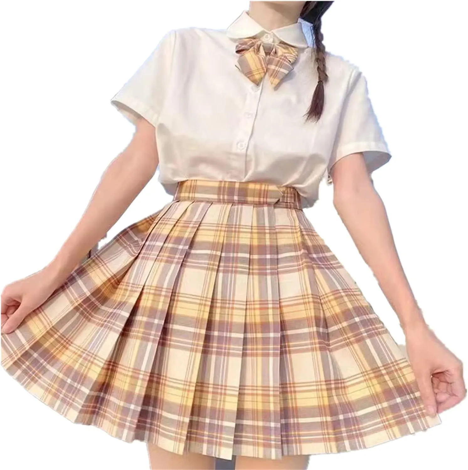 Women's College Style JK Plaid Pleated Skirt School Cheerleading Mini Skirt Sports Tennis Skirt Send Bow Tie