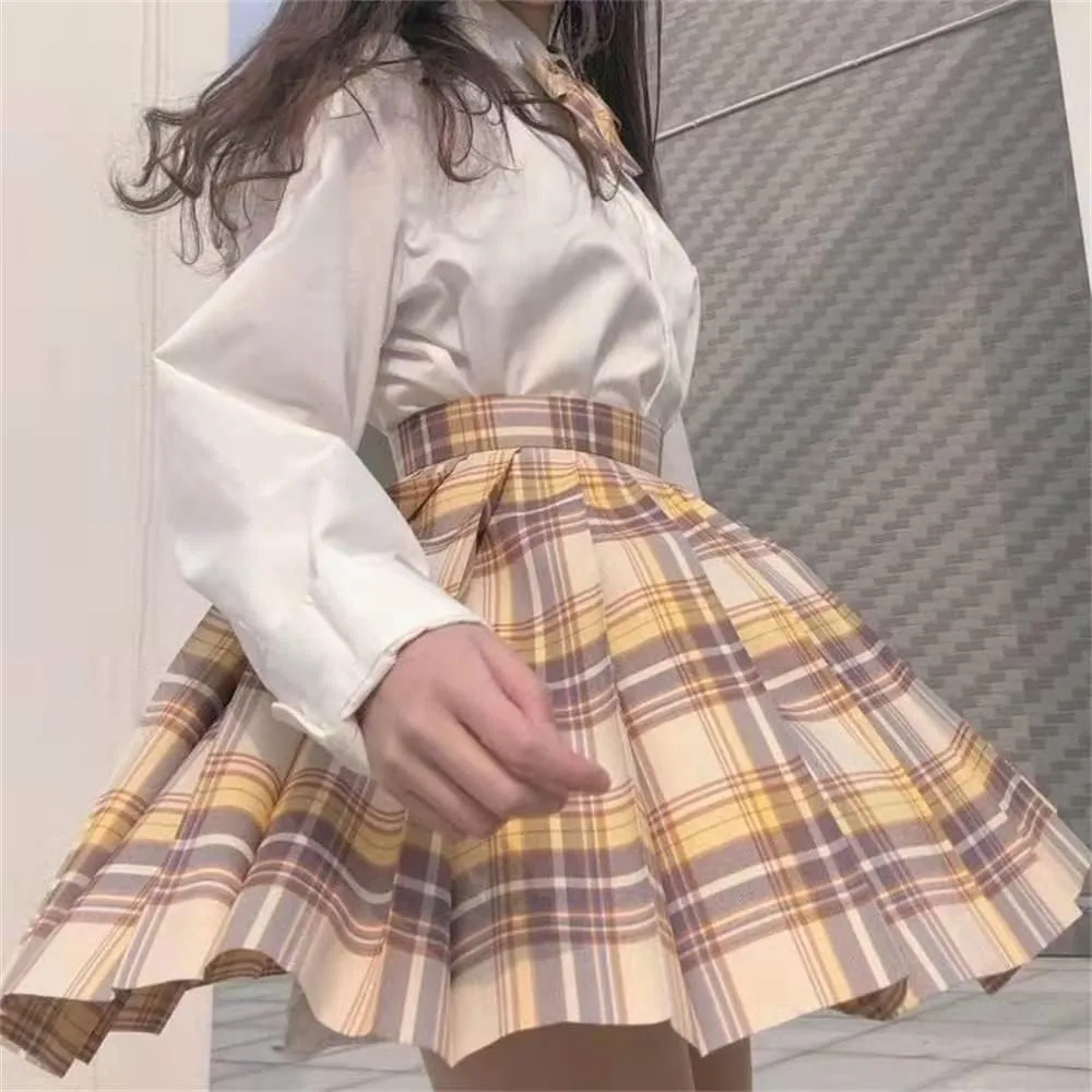 Women's College Style JK Plaid Pleated Skirt School Cheerleading Mini Skirt Sports Tennis Skirt Send Bow Tie