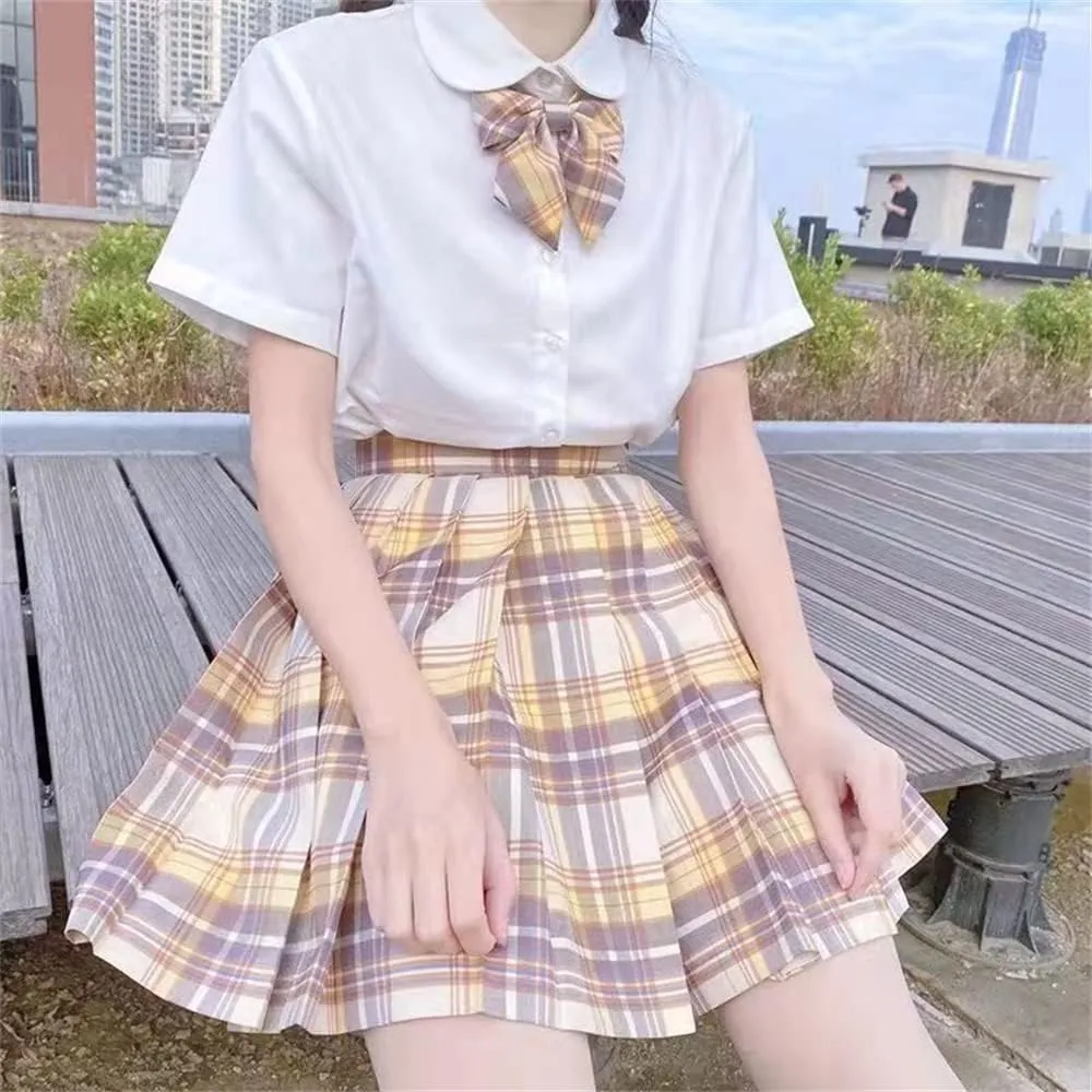 Women's College Style JK Plaid Pleated Skirt School Cheerleading Mini Skirt Sports Tennis Skirt Send Bow Tie