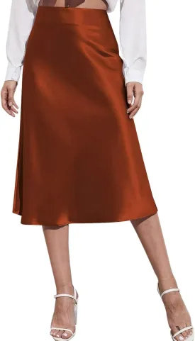 Womens Elegant Satin Midi Skirt Dressy High Waisted Skirts A-Line Silk Skirt Wedding Guest Dresses Cocktail Party Long Skirt