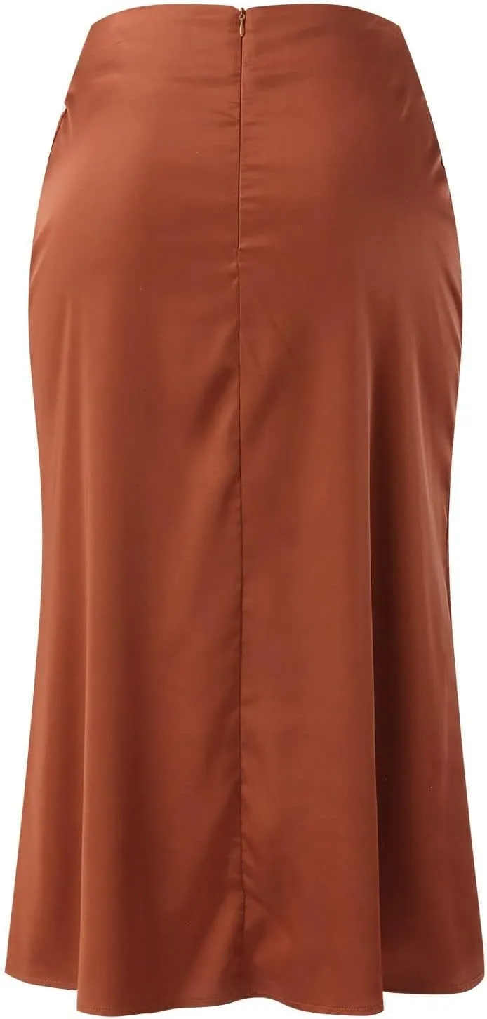 Womens Elegant Satin Midi Skirt Dressy High Waisted Skirts A-Line Silk Skirt Wedding Guest Dresses Cocktail Party Long Skirt