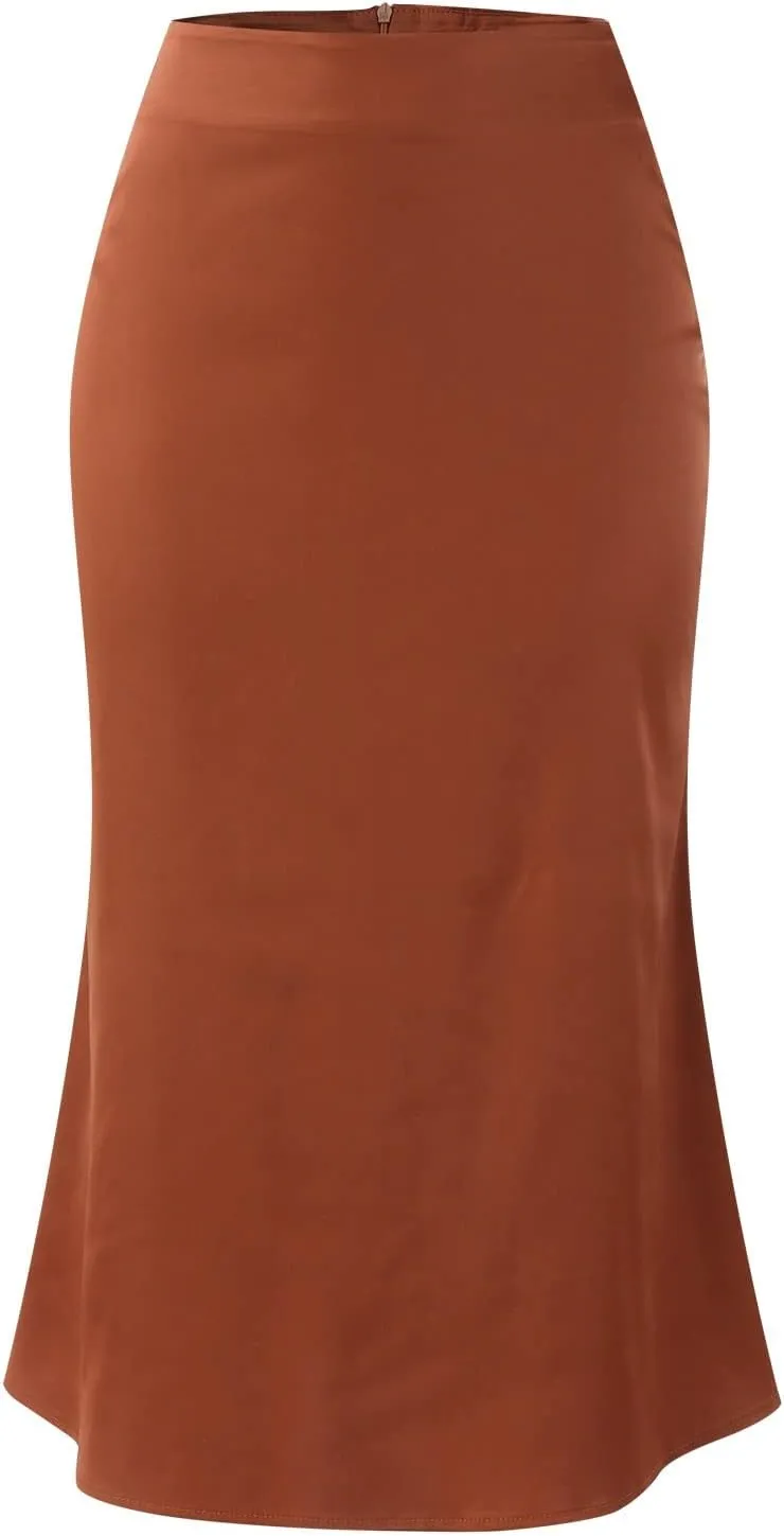 Womens Elegant Satin Midi Skirt Dressy High Waisted Skirts A-Line Silk Skirt Wedding Guest Dresses Cocktail Party Long Skirt