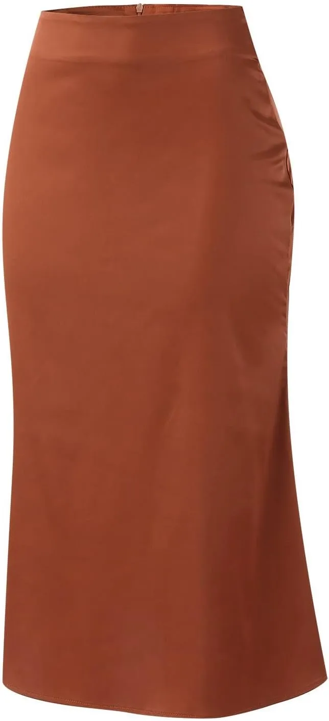Womens Elegant Satin Midi Skirt Dressy High Waisted Skirts A-Line Silk Skirt Wedding Guest Dresses Cocktail Party Long Skirt