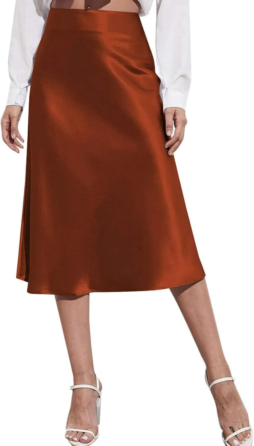 Womens Elegant Satin Midi Skirt Dressy High Waisted Skirts A-Line Silk Skirt Wedding Guest Dresses Cocktail Party Long Skirt