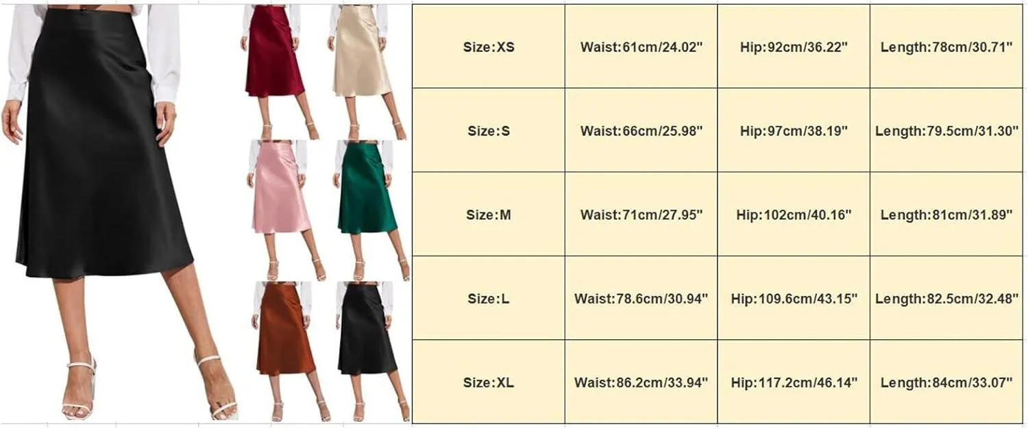 Womens Elegant Satin Midi Skirt Dressy High Waisted Skirts A-Line Silk Skirt Wedding Guest Dresses Cocktail Party Long Skirt