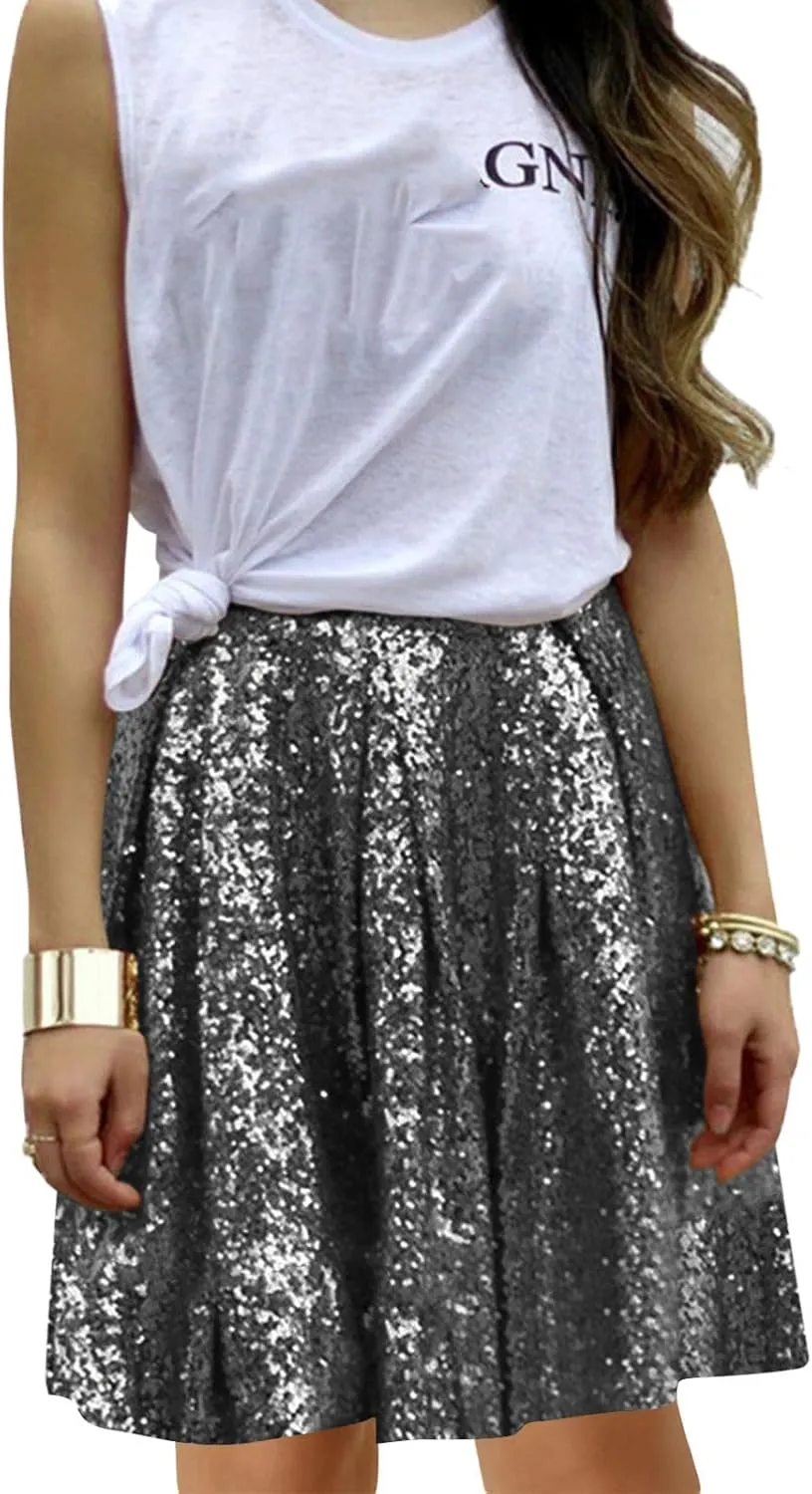 Women's Fashion High Waist Pleated Solid Color Short Skirt Loose Sequin Skirt Skirts for Women Knee Length with