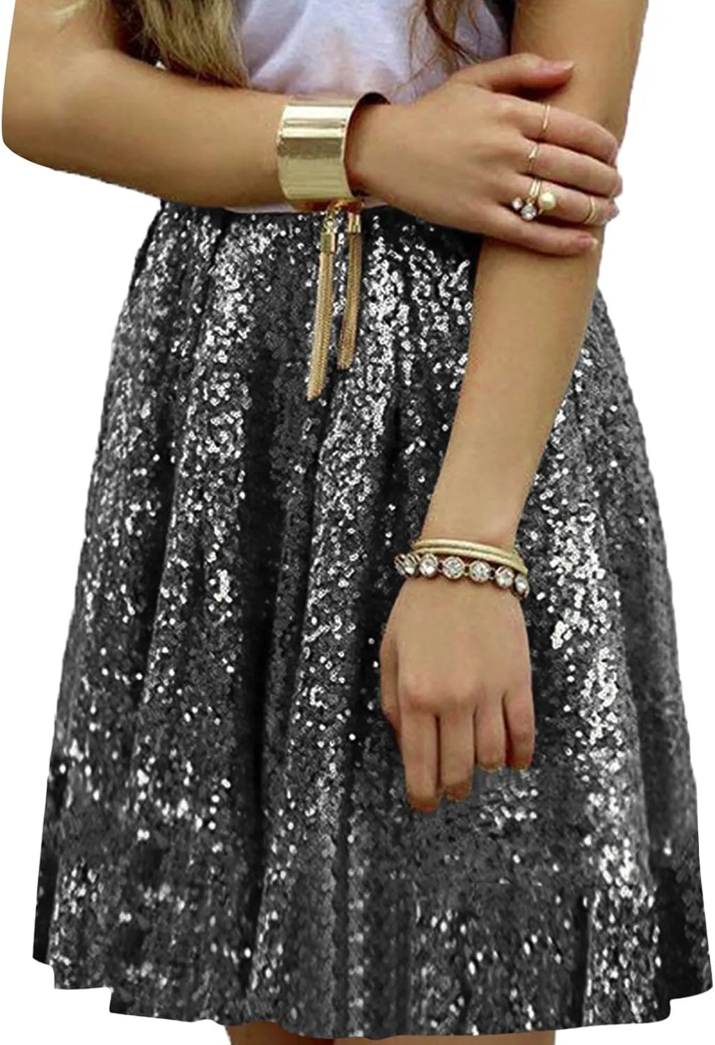 Women's Fashion High Waist Pleated Solid Color Short Skirt Loose Sequin Skirt Skirts for Women Knee Length with