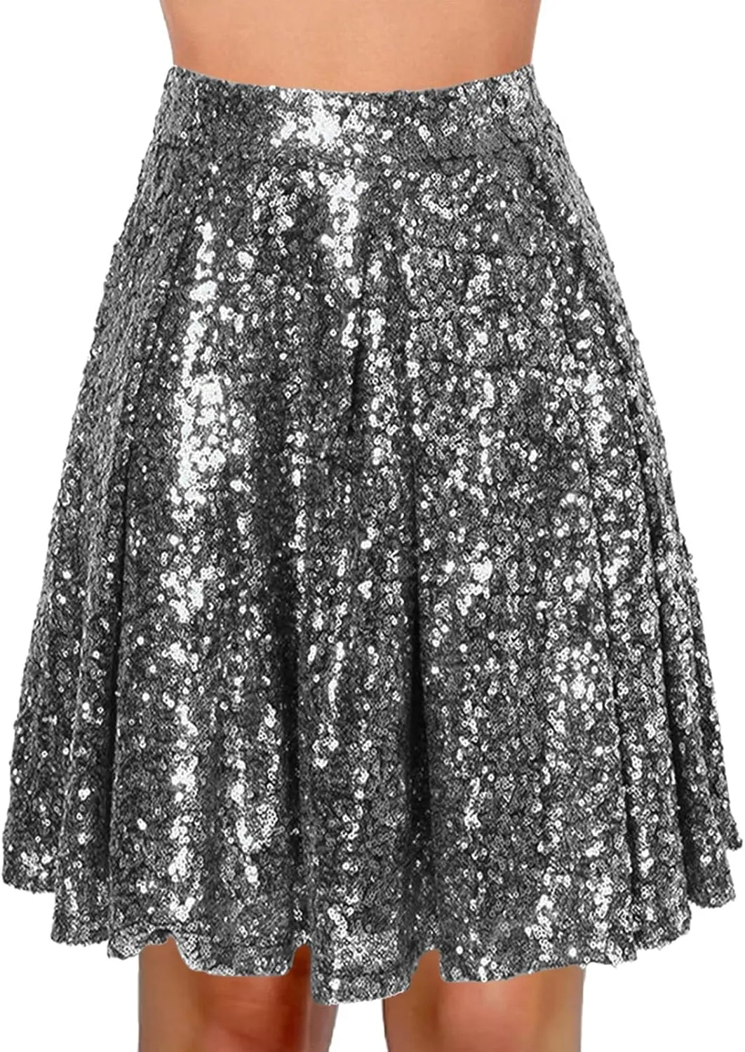 Women's Fashion High Waist Pleated Solid Color Short Skirt Loose Sequin Skirt Skirts for Women Knee Length with