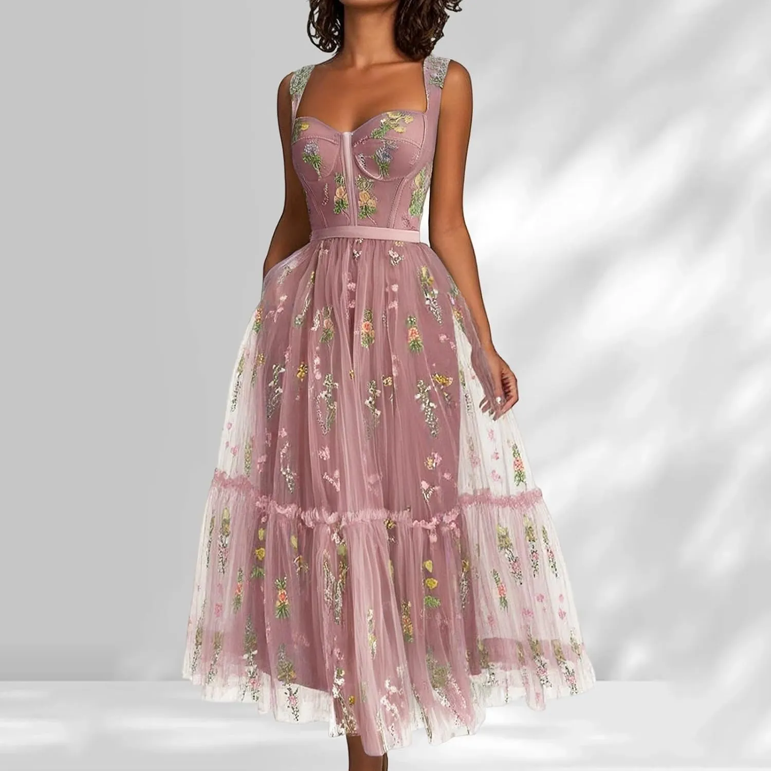 Women's Flower Embroidery Tulle Prom Dresses Tea Length Corset A Line Fairy Formal Evening Party Gown