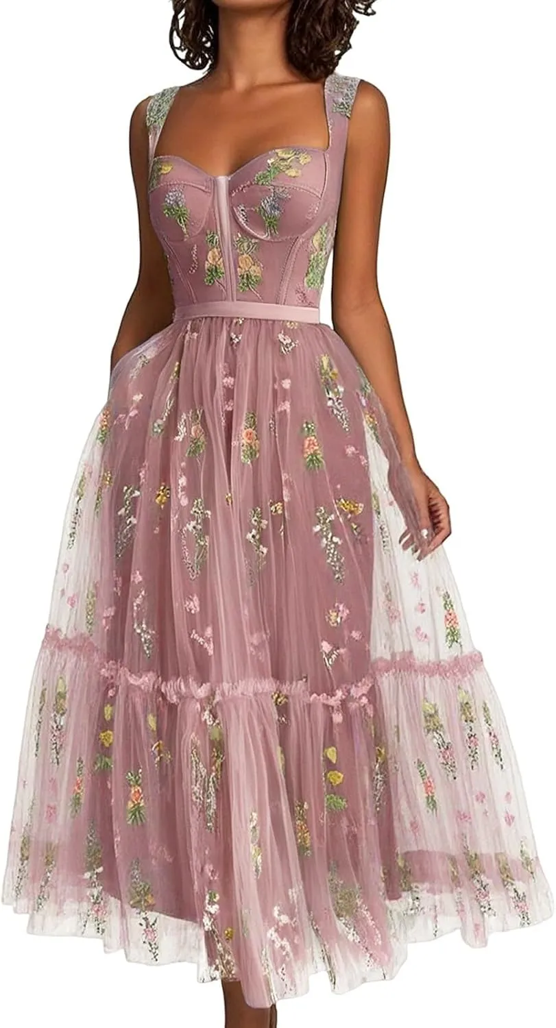 Women's Flower Embroidery Tulle Prom Dresses Tea Length Corset A Line Fairy Formal Evening Party Gown