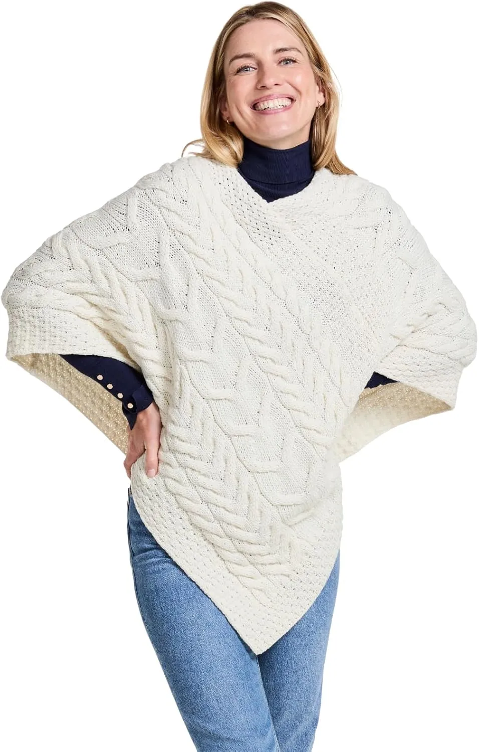 Women's Irish Cable Knit Poncho, 100% Supersoft Merino Wool, Made in Ireland, One Size, Aasleagh Falls