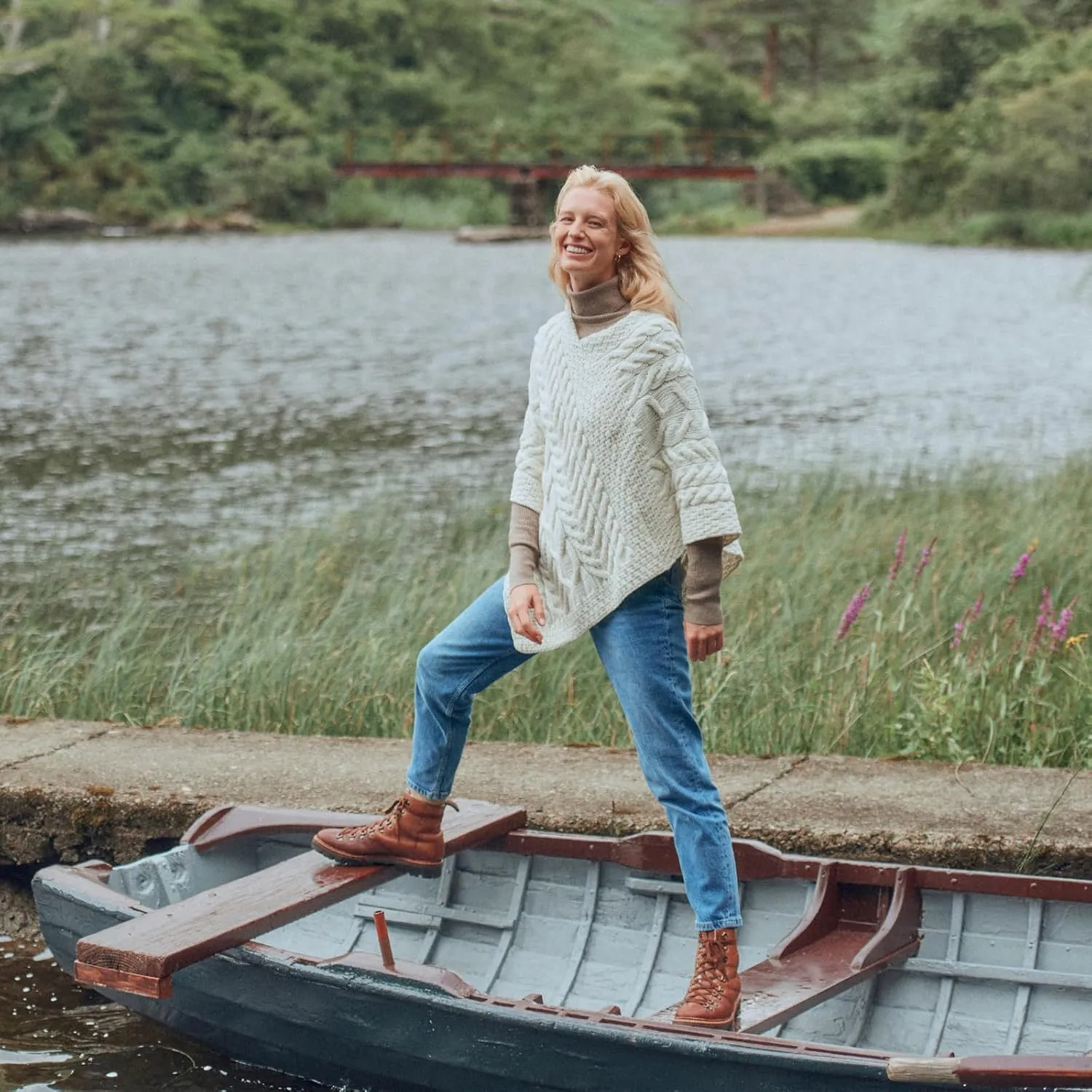 Women's Irish Cable Knit Poncho, 100% Supersoft Merino Wool, Made in Ireland, One Size, Aasleagh Falls