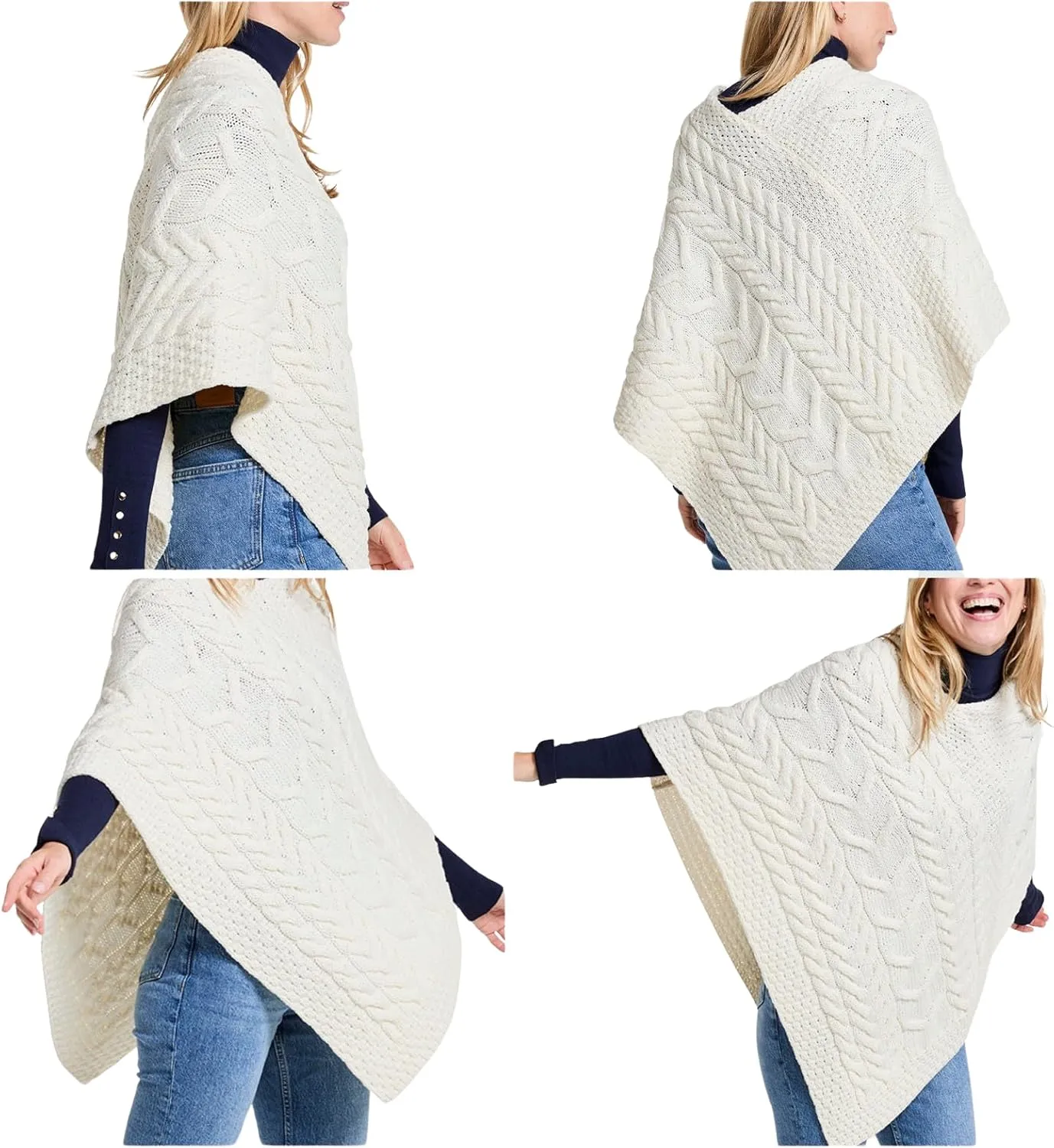 Women's Irish Cable Knit Poncho, 100% Supersoft Merino Wool, Made in Ireland, One Size, Aasleagh Falls