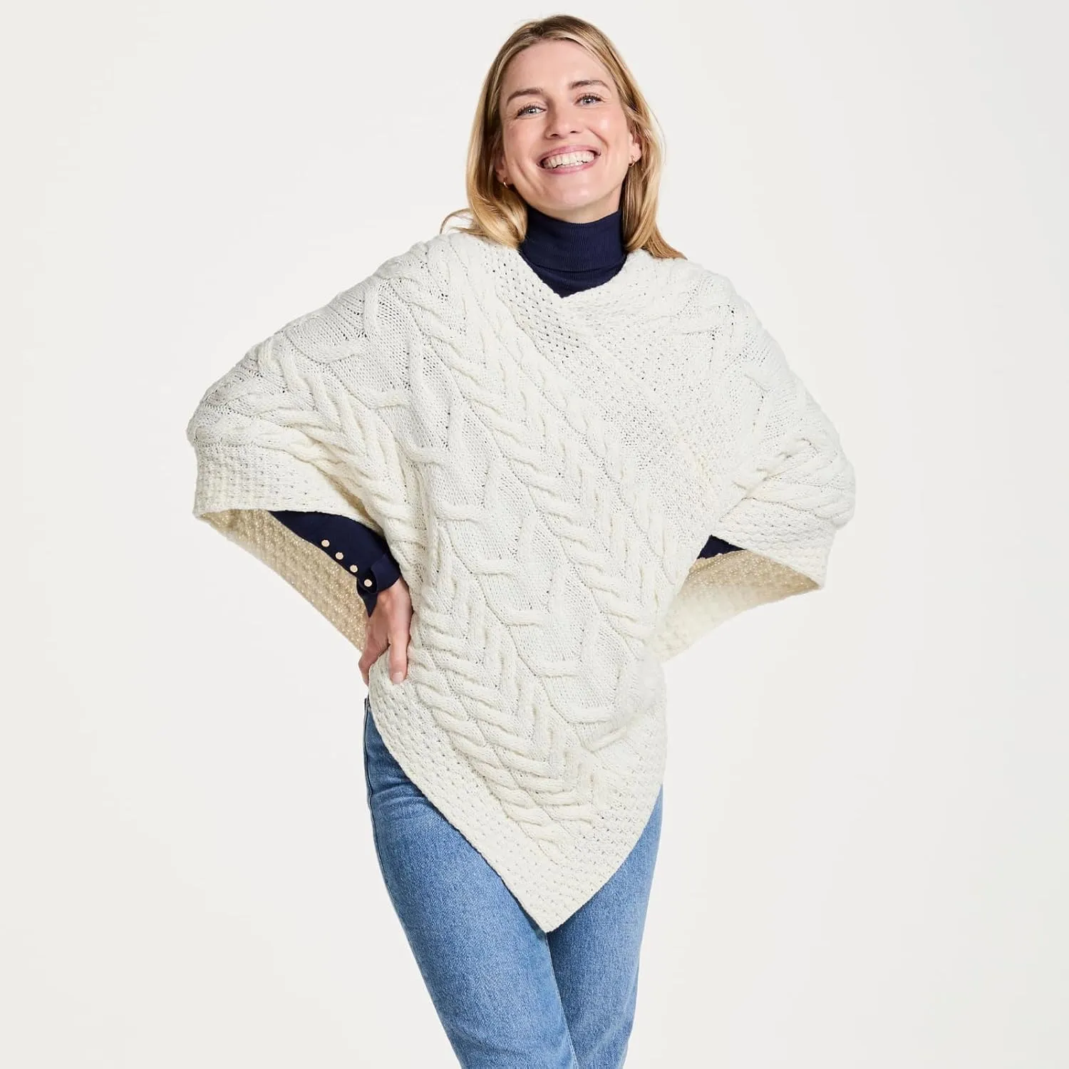 Women's Irish Cable Knit Poncho, 100% Supersoft Merino Wool, Made in Ireland, One Size, Aasleagh Falls