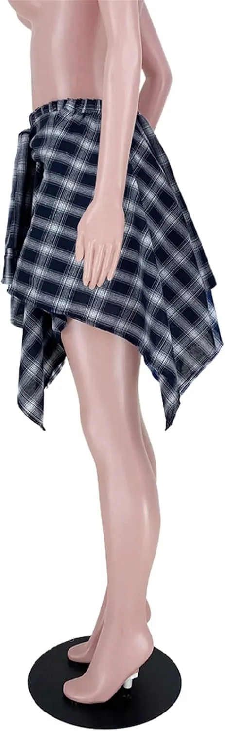 Women's Plaid Skirts High Waisted Knot Front Asymmetrical Hem Mini Skater Skirt