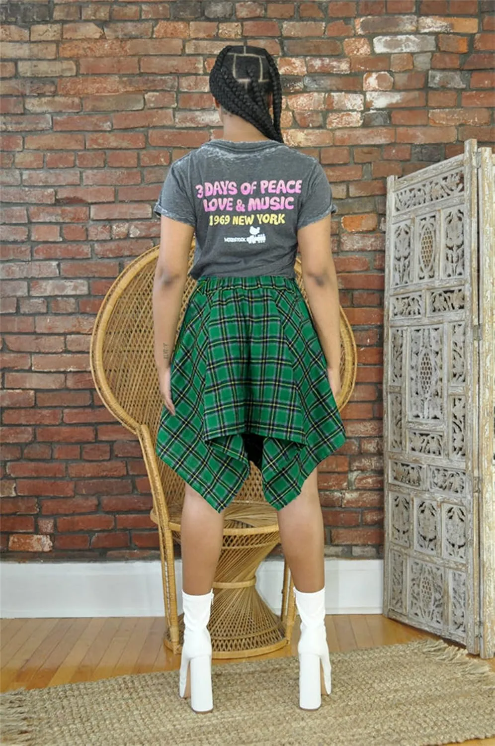 Women's Plaid Skirts High Waisted Knot Front Asymmetrical Hem Mini Skater Skirt