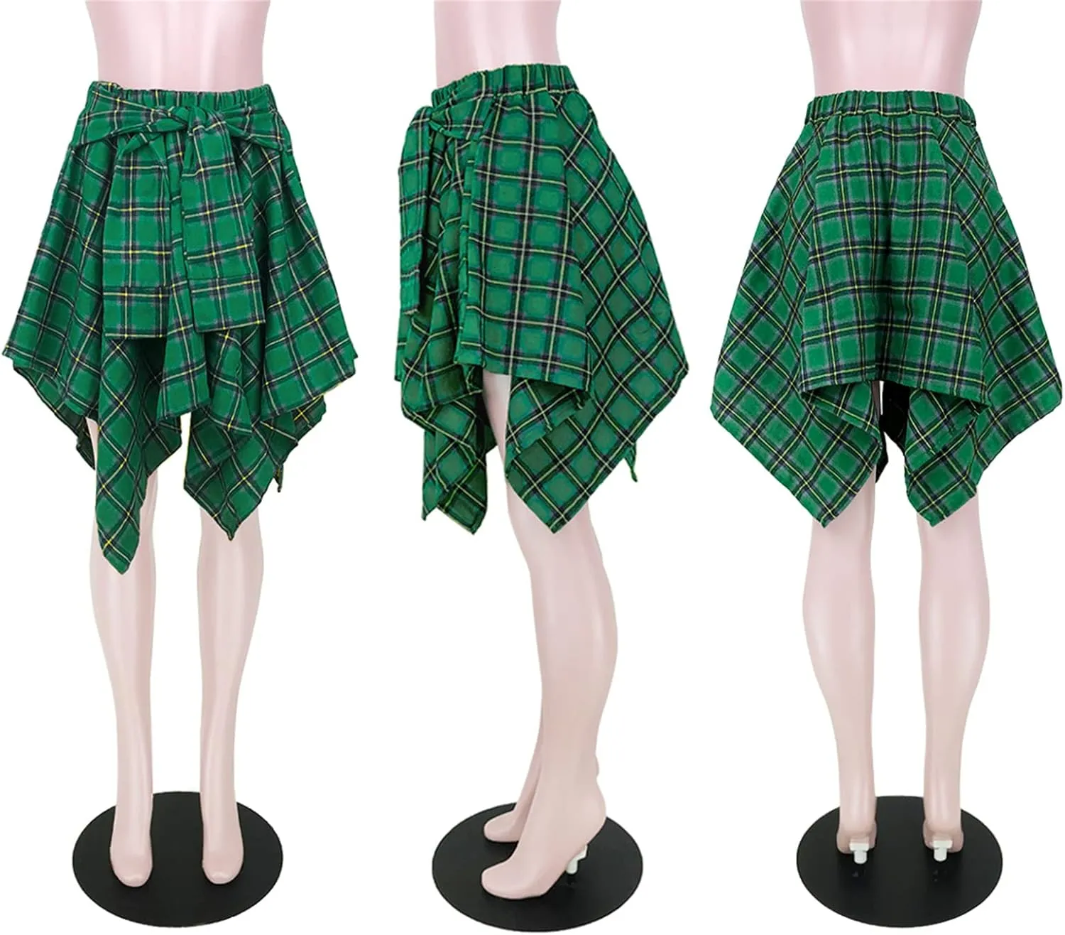 Women's Plaid Skirts High Waisted Knot Front Asymmetrical Hem Mini Skater Skirt