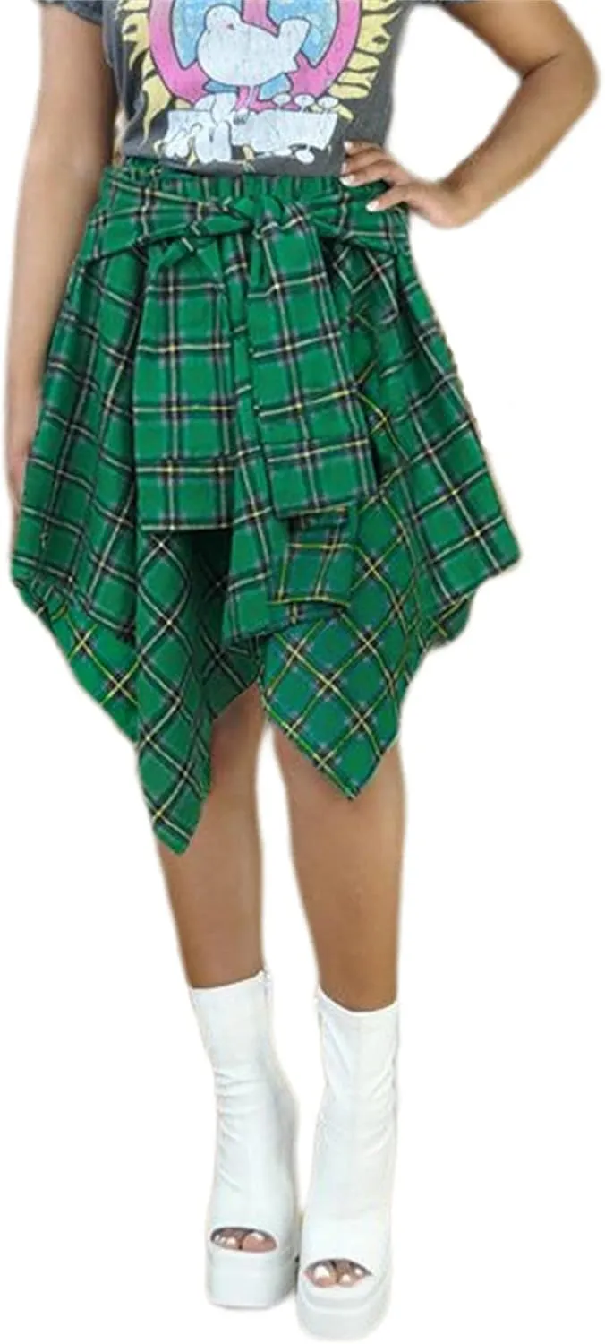 Women's Plaid Skirts High Waisted Knot Front Asymmetrical Hem Mini Skater Skirt