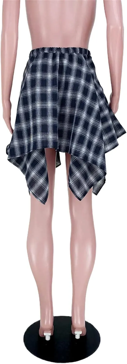Women's Plaid Skirts High Waisted Knot Front Asymmetrical Hem Mini Skater Skirt