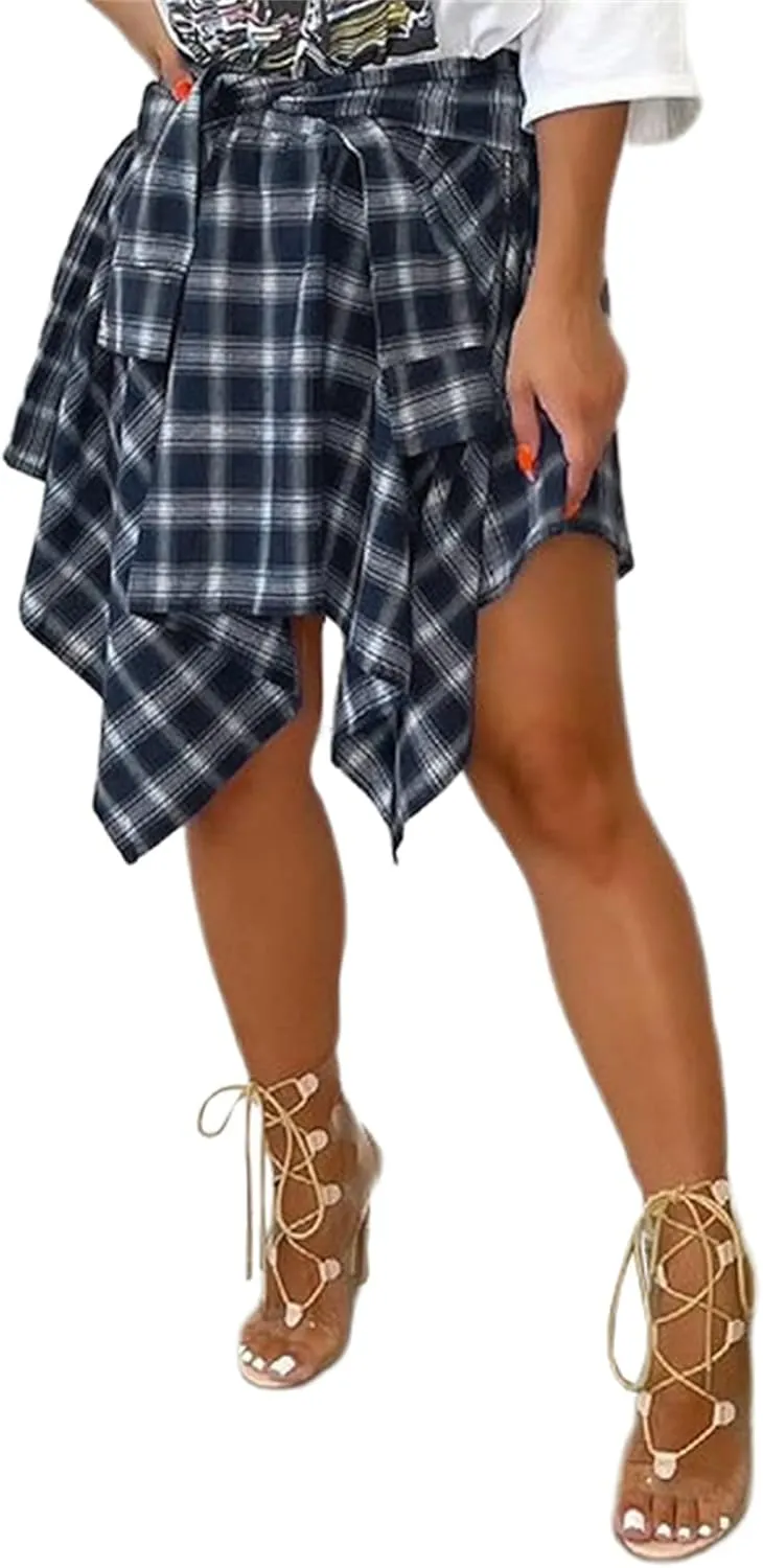 Women's Plaid Skirts High Waisted Knot Front Asymmetrical Hem Mini Skater Skirt