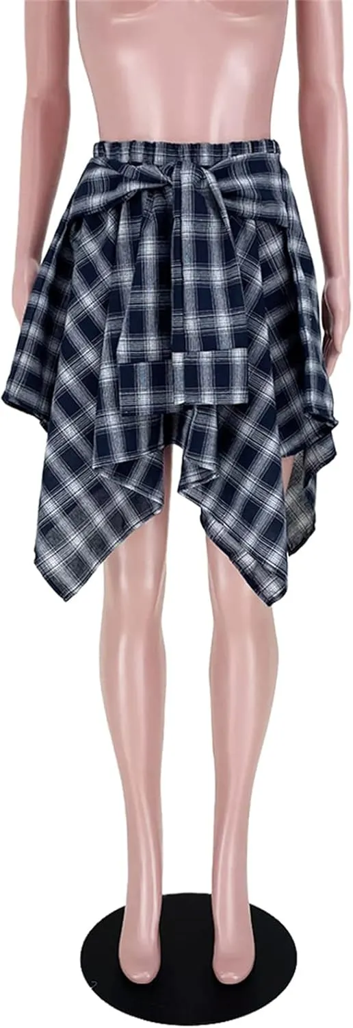 Women's Plaid Skirts High Waisted Knot Front Asymmetrical Hem Mini Skater Skirt