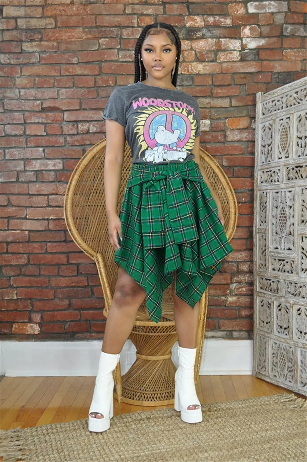 Women's Plaid Skirts High Waisted Knot Front Asymmetrical Hem Mini Skater Skirt