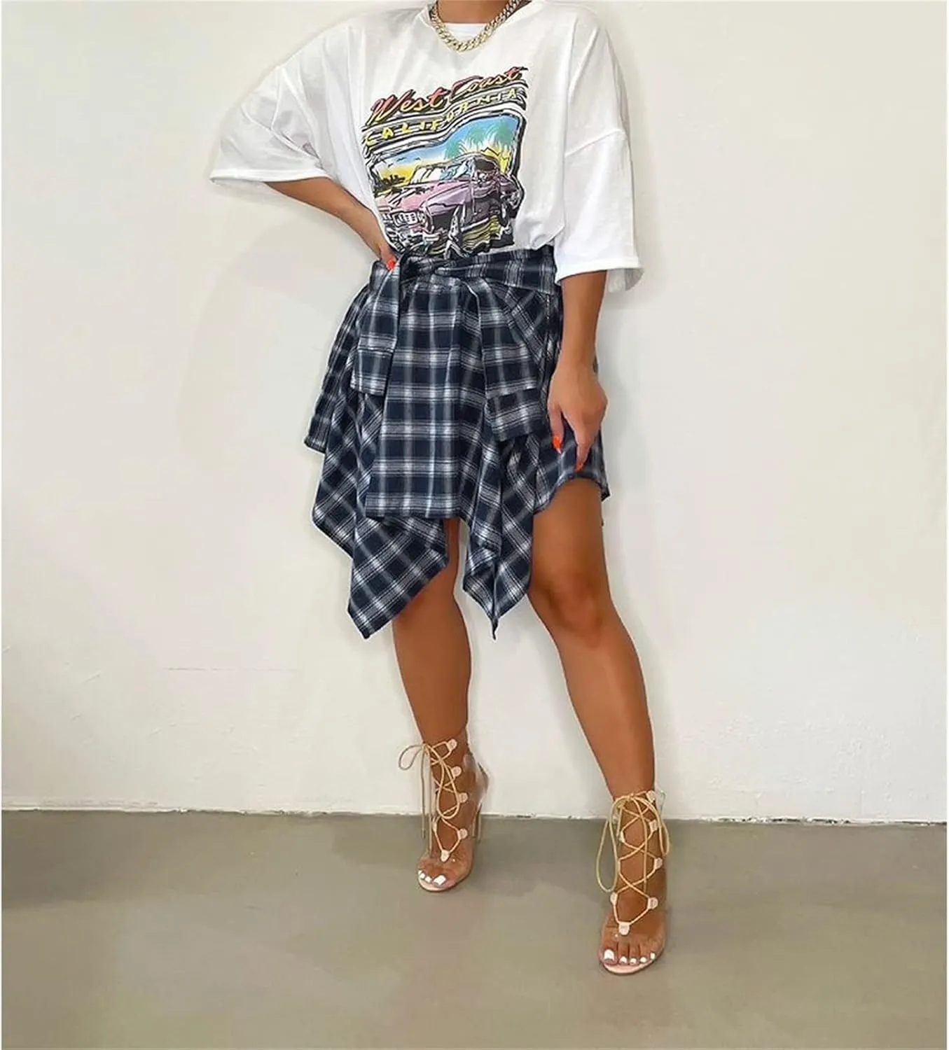 Women's Plaid Skirts High Waisted Knot Front Asymmetrical Hem Mini Skater Skirt