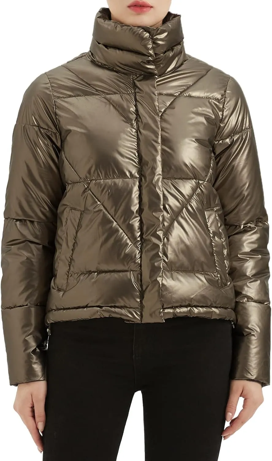 Women's Quilted Metallic Shiny Puffer Jacket Winter Warm Full Zipper Stand Collar Padded Short Coat
