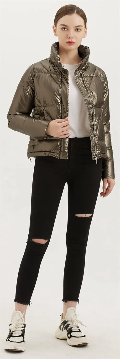 Women's Quilted Metallic Shiny Puffer Jacket Winter Warm Full Zipper Stand Collar Padded Short Coat