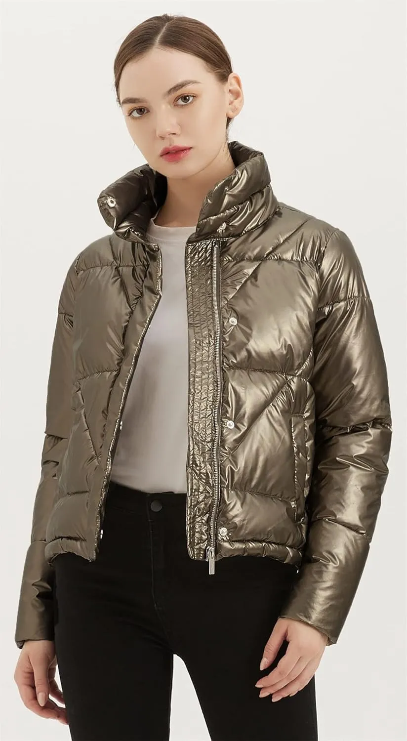Women's Quilted Metallic Shiny Puffer Jacket Winter Warm Full Zipper Stand Collar Padded Short Coat
