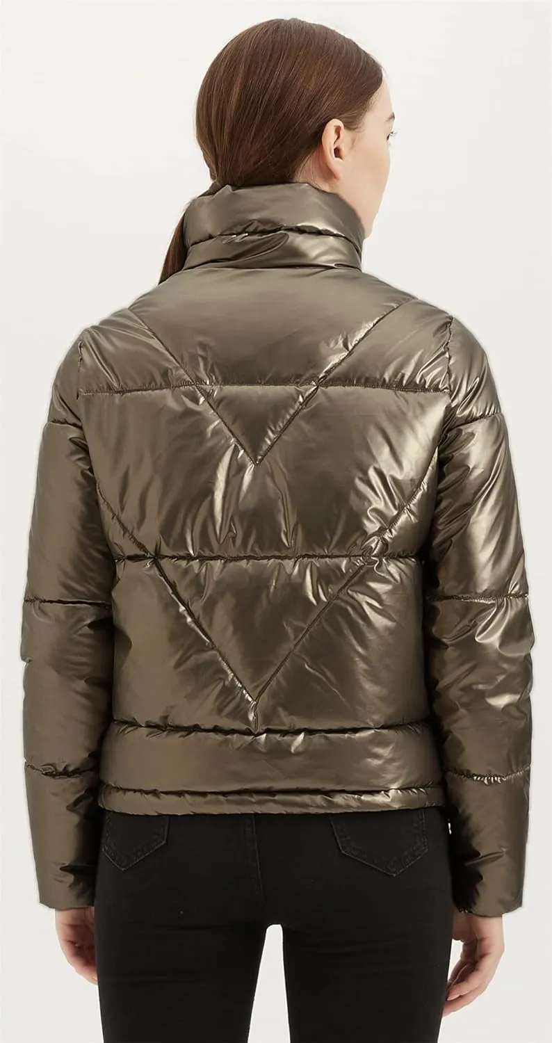 Women's Quilted Metallic Shiny Puffer Jacket Winter Warm Full Zipper Stand Collar Padded Short Coat